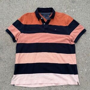 Y2K Faded Tommy Hilfiger Striped Polo Shirt Navy Orange Peach Large
